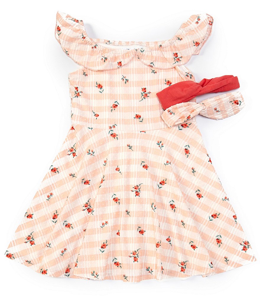 Ally B Big Girls 7-16 Flutter-Sleeve Checked/Floral Textured-Knit Fit-And-Flare Dress