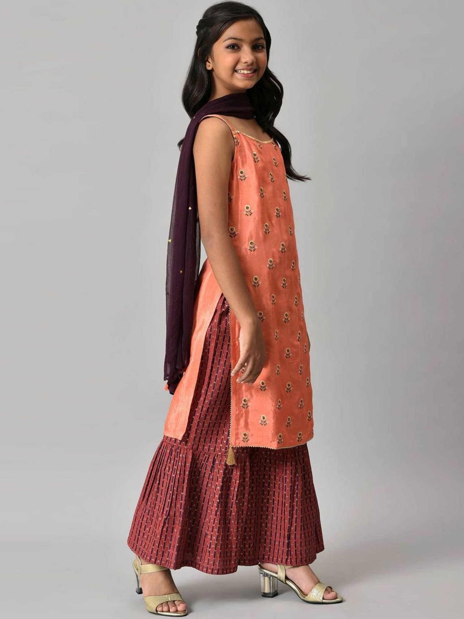 Aurelia Kids Orange & Maroon Floral Print Kurta Set