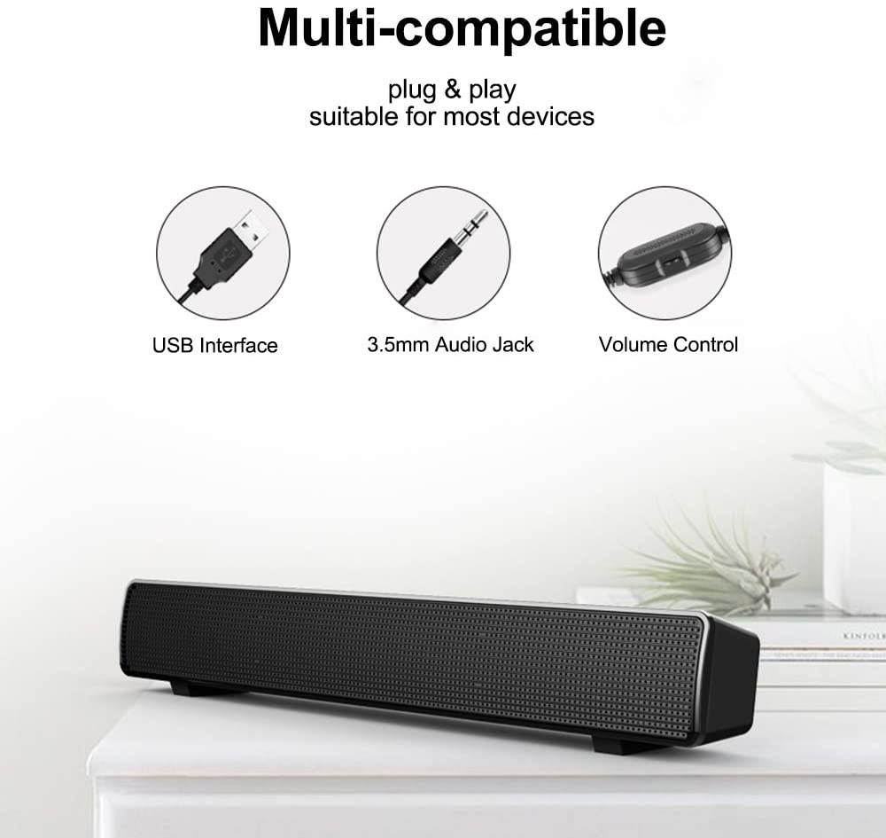 Docooler Speaker Bar Computer Speakers Stereo HiFi Sound Wired Computer Sound Bar USB Powered Soundbar Speaker for PC TV Smart Phone Desktop Laptop