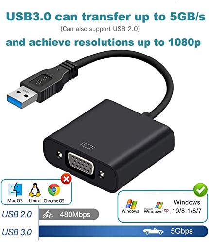 USB 3.0 to VGA Adapter, 1080P Multi-Display Video Adapter Converter External Video Graphics Card Multi Monitor Display, Compatible with Windows 10/8.1/8/7/XP for PC Laptop Desktop Projector