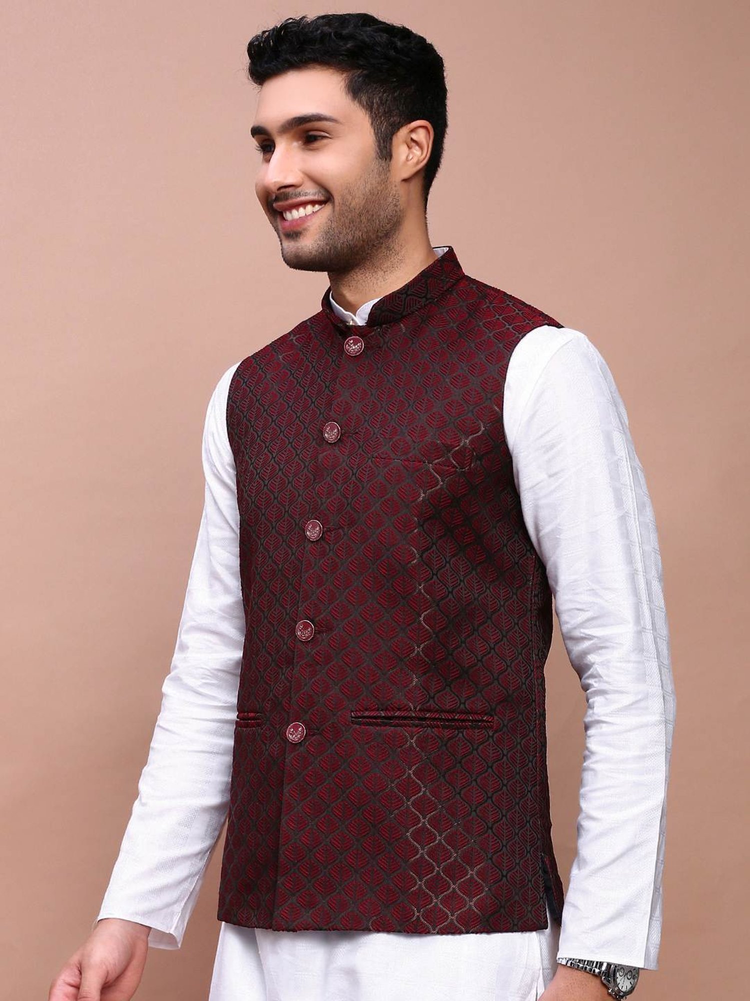 Showoff Maroon Cotton Slim Fit Self Pattern Nehru Jacket