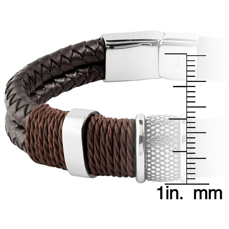 Men's Crucible Brown Twine Stainless Steel Accents Woven Braided Leather Bracelet (12mm) - Black (8.5")
