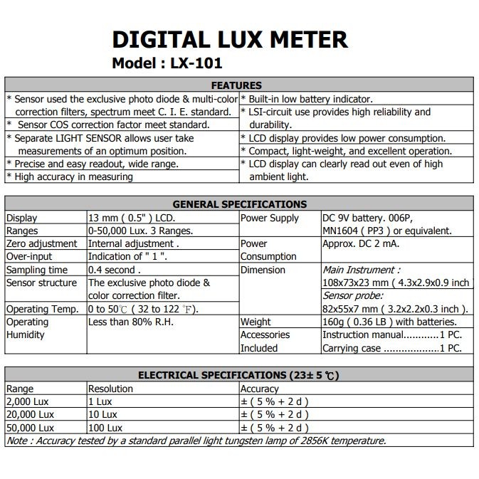 Pocket Size Digital Luxmeter, Measures 0-50,000 Lux in 3 Ranges, 4 Digit LCD Display, Spectrum Meets C.I.E. Standard