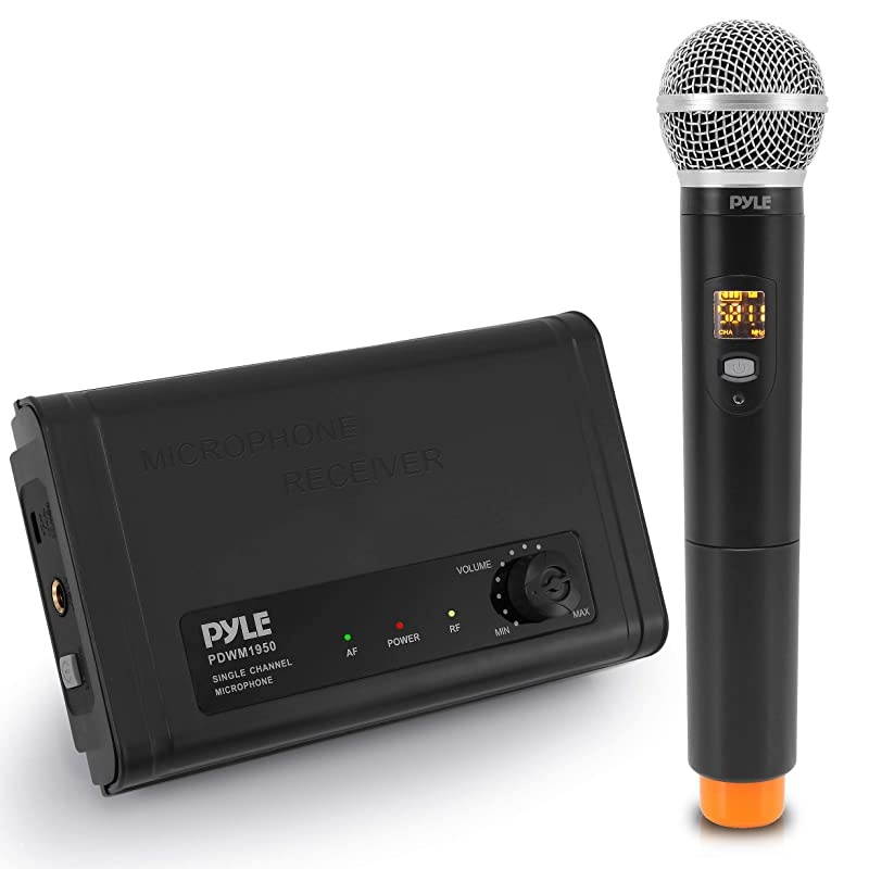 Compact UHF Wireless Microphone System Pro Portable Single Channel Desktop Digital Mic Receiver Set w 1 Handheld Mic Receiver Base USB Cable Battery for Home PA Karaoke DJ  PDWM1950