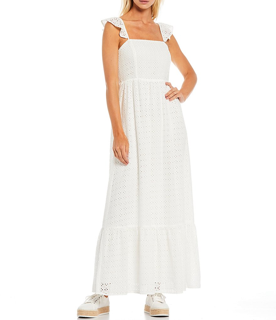 Skies Are Blue Eyelet Square Neck Sleeveless Maxi Dress