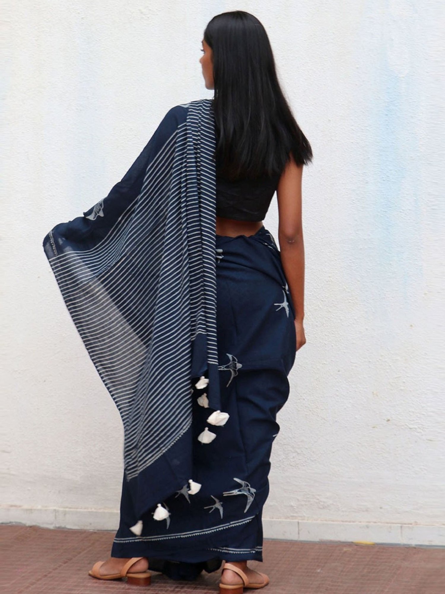 Chidiyaa Blue Fly Me to the Moon Indigo Bird Hand Blockprinted Cotton Saree