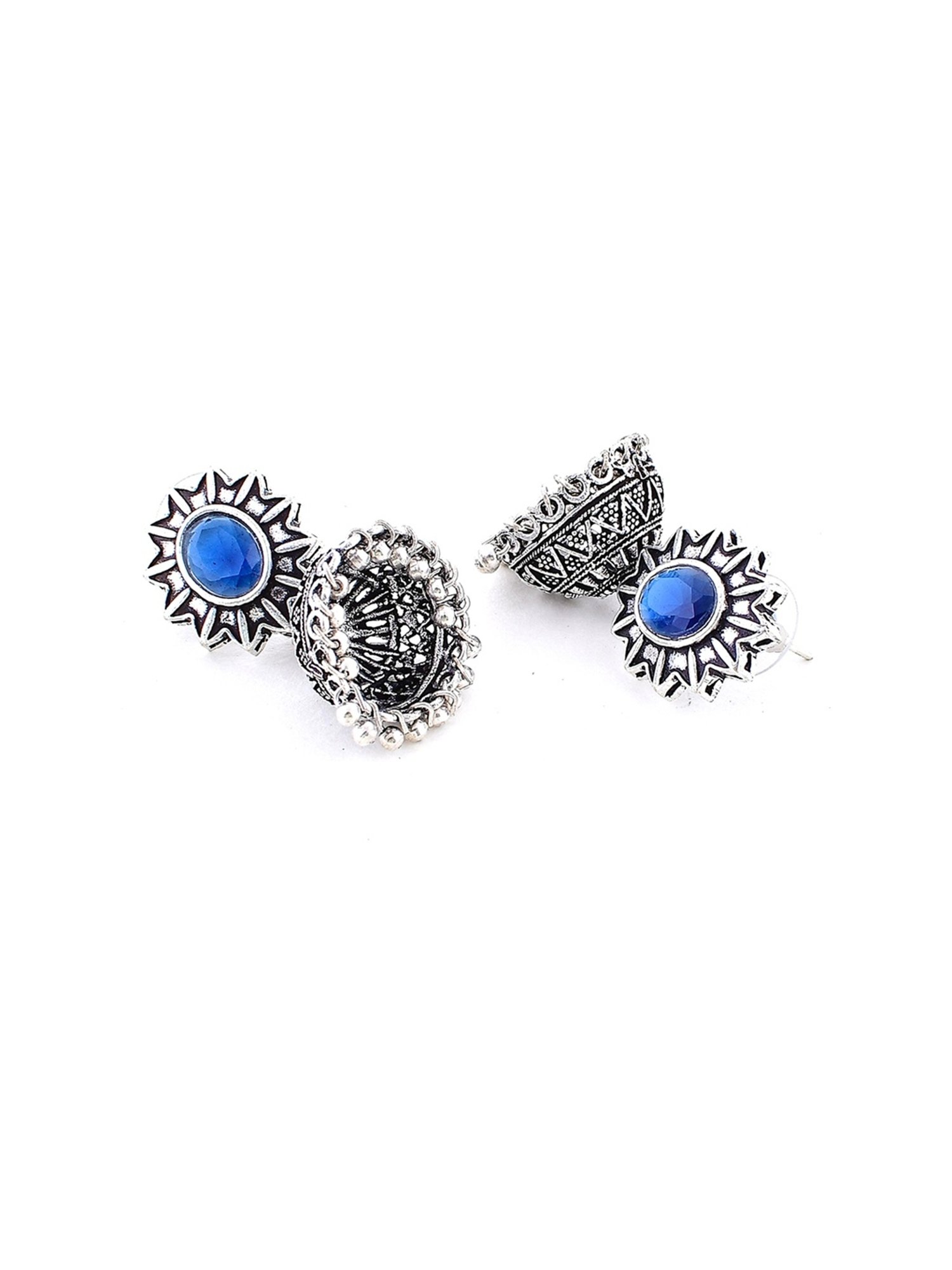 Imli Street Blue Silver Tone Stone-Studded Handcrafted Jhumki Earrings