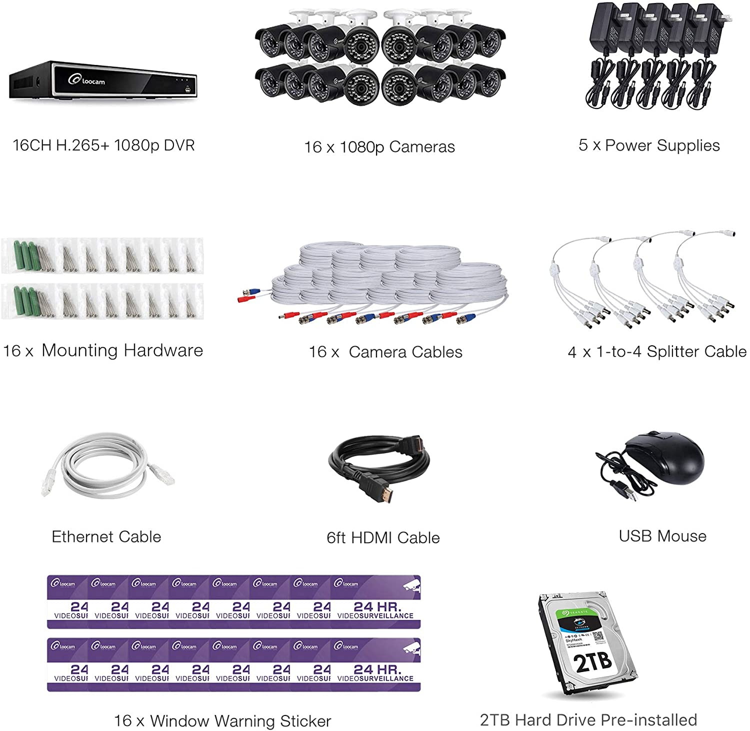 Loocam 16 Channel Security Camera System for Home, 1080p 16 Channel DVR Recorder with (16) 1080p Night Vision Weatherproof Surveillance CCTV Camera Outdoor and Indoor (2TB Hard Drive Built-in)