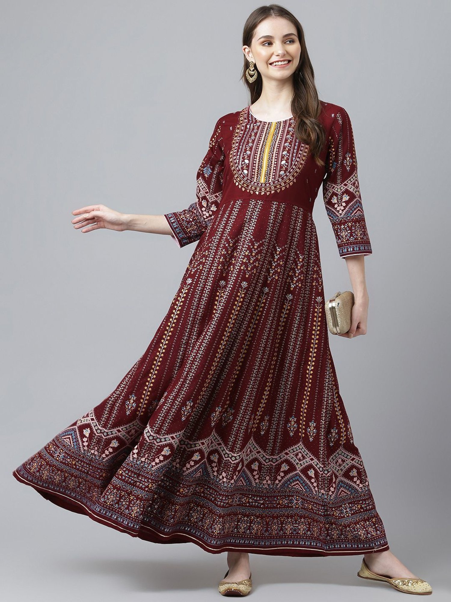 KIANA Maroon Printed Maxi Dress