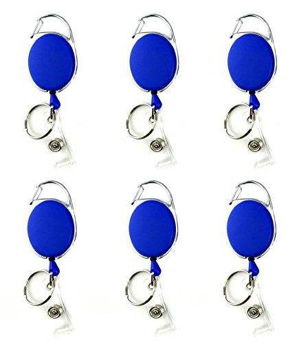 Honbay 6 Pieces of Premium Retractable Carabiner Badge Holder Reels with Key Ring and Badge Strap, Clip On Retractable ID Card Keychain - With Back Splint (Blue)