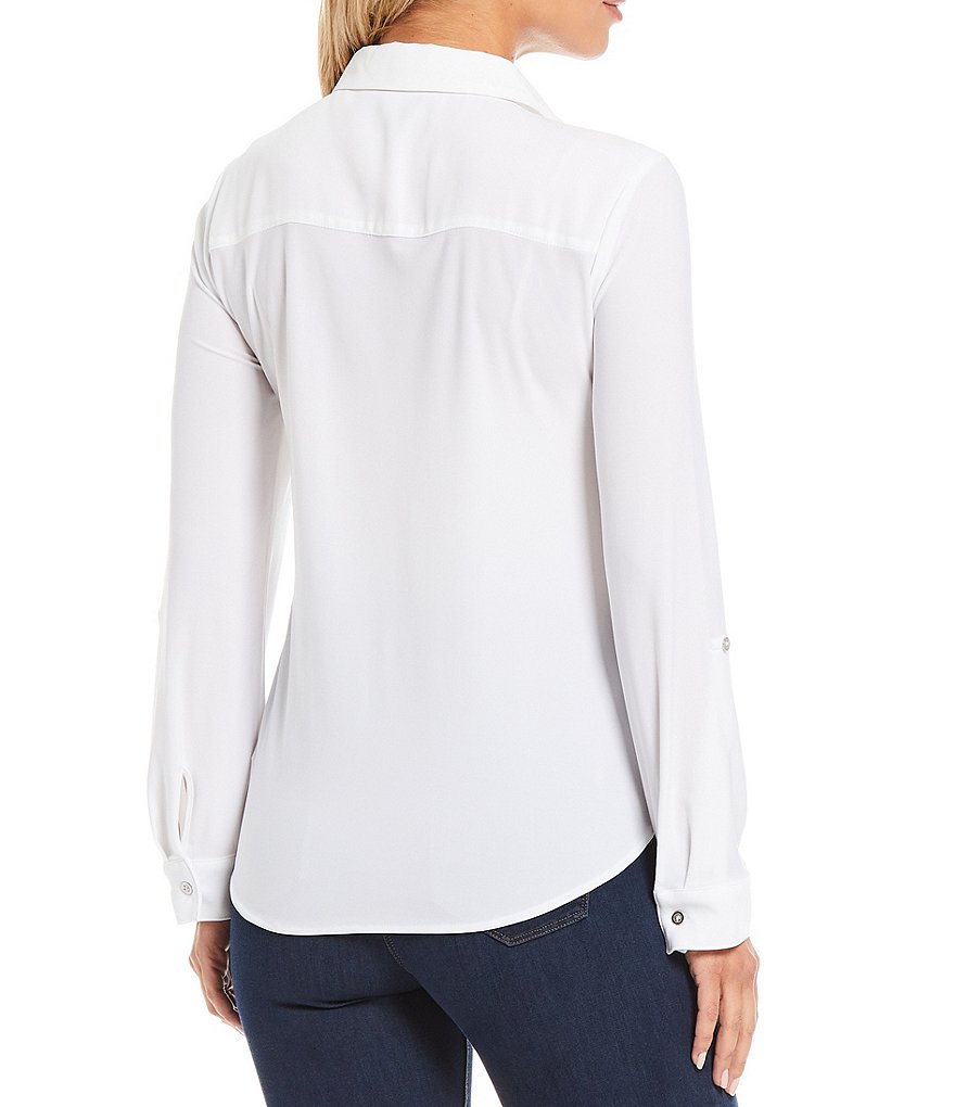 Slim Factor by Investments Hannah Point Collar Neck Roll-Tab 3/4 Sleeve Button Down Tie-Front Top