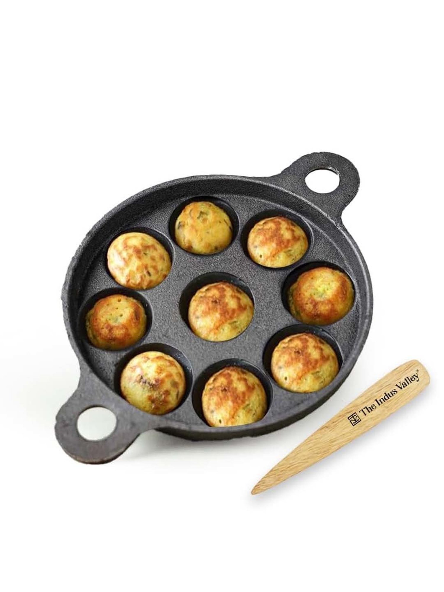 The Indus Valley Black Cast Iron 20.8cm 9-Pit Paniyaram Pan with Free Wooden Picker