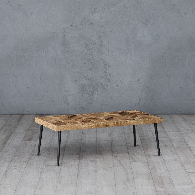 Mindful Living Rustic Farmhouse Mid Century Modern Fusion Mango Wood Top and Iron Hairpin Legs Chevron Pattern Rectangular Accent Coffee Table, Beige