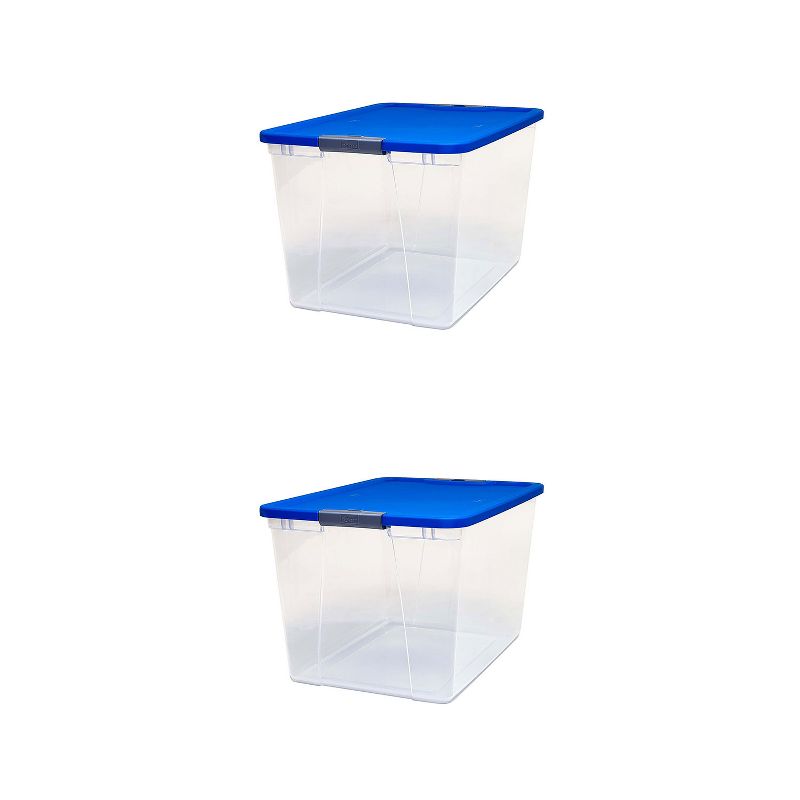 Homz 64 Quart Secured Seal Latch Extra Large Single Clear Stackable Storage Container Tote with Blue Lid for Home, Garage, or Basement (2 Pack)