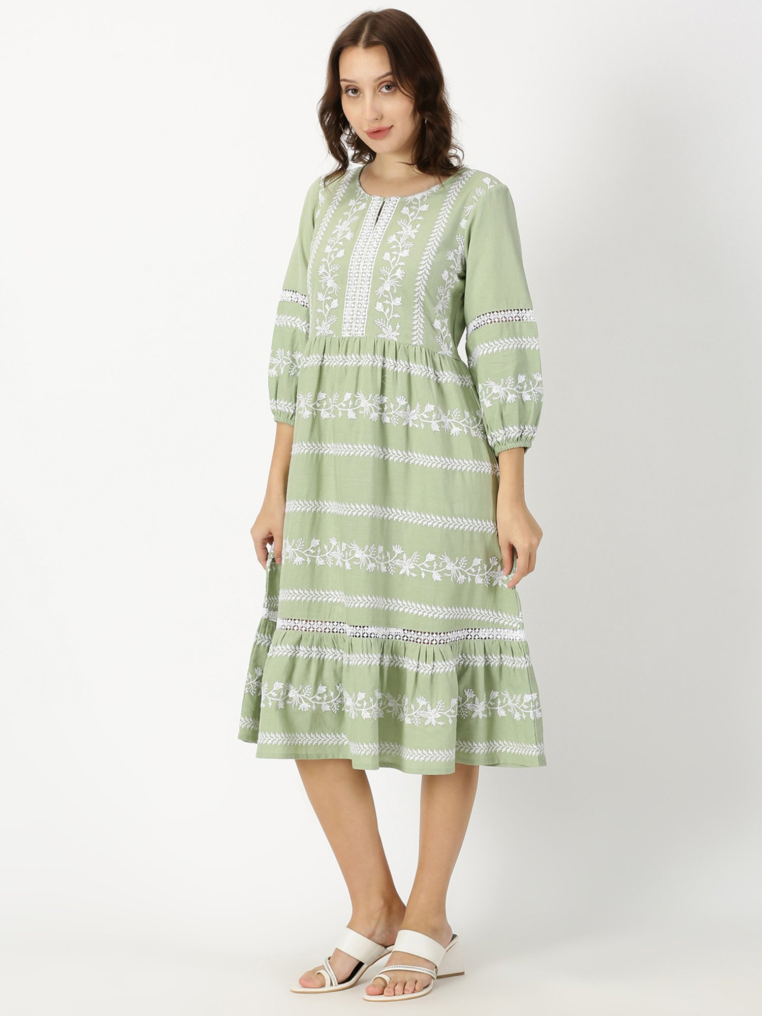 Saffron Threads Green Cotton Embroidered Ethnic Dress