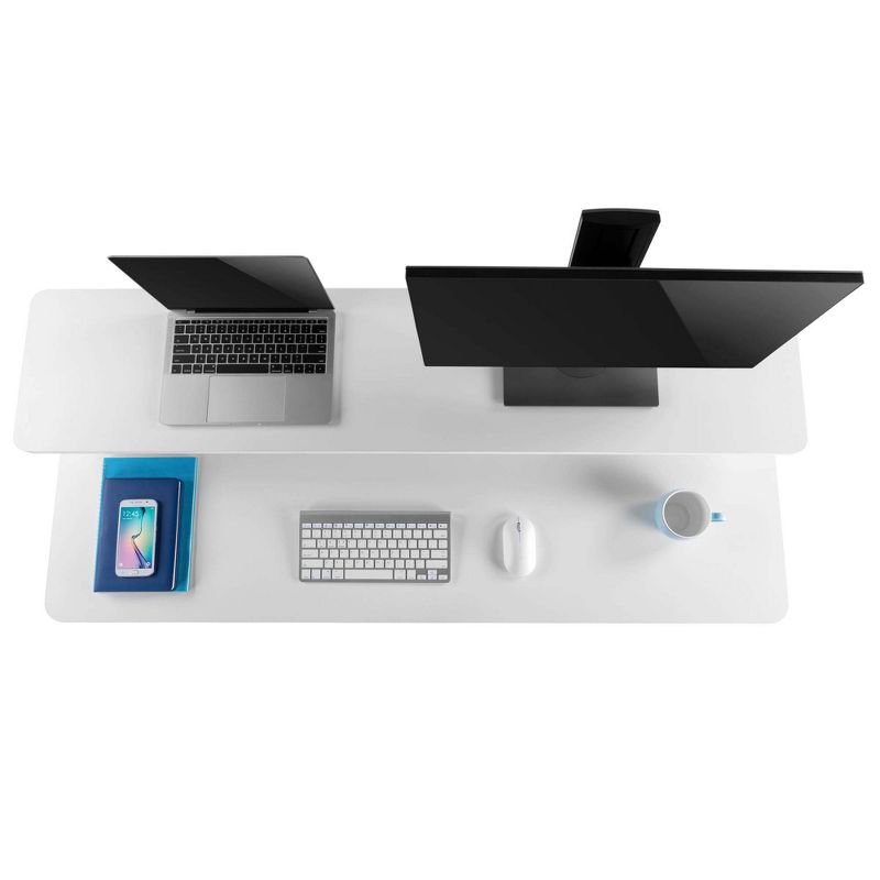 Tranzendesk Standing Desk with Clamp-On Shelf - 55" Sit to Stand Workstation with 55" Monitor Stand - White - Stand Steady