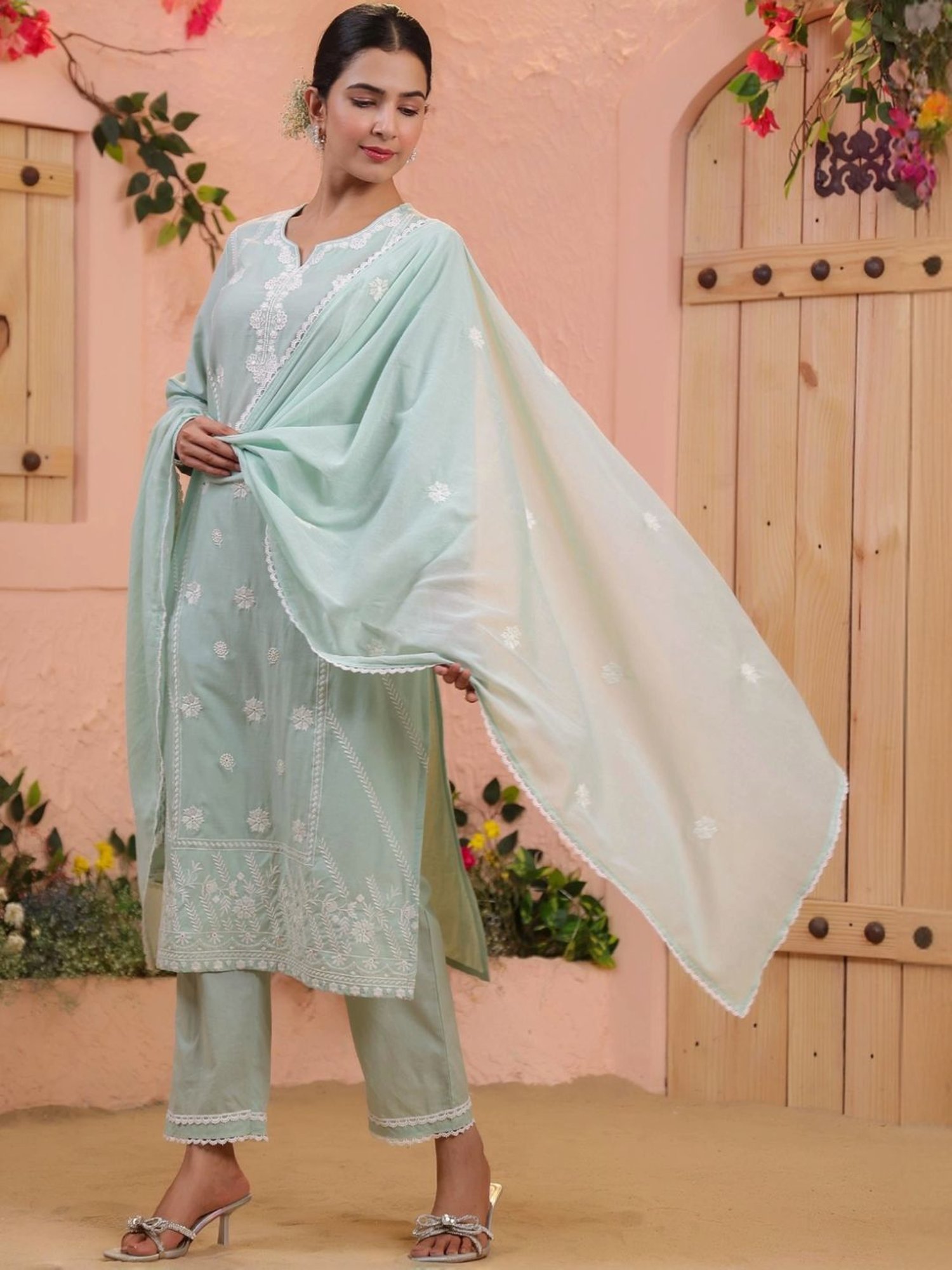 Scakhi Pista Green Cottom Embroidered and Beadwork Kurta and Pant With Dupatta