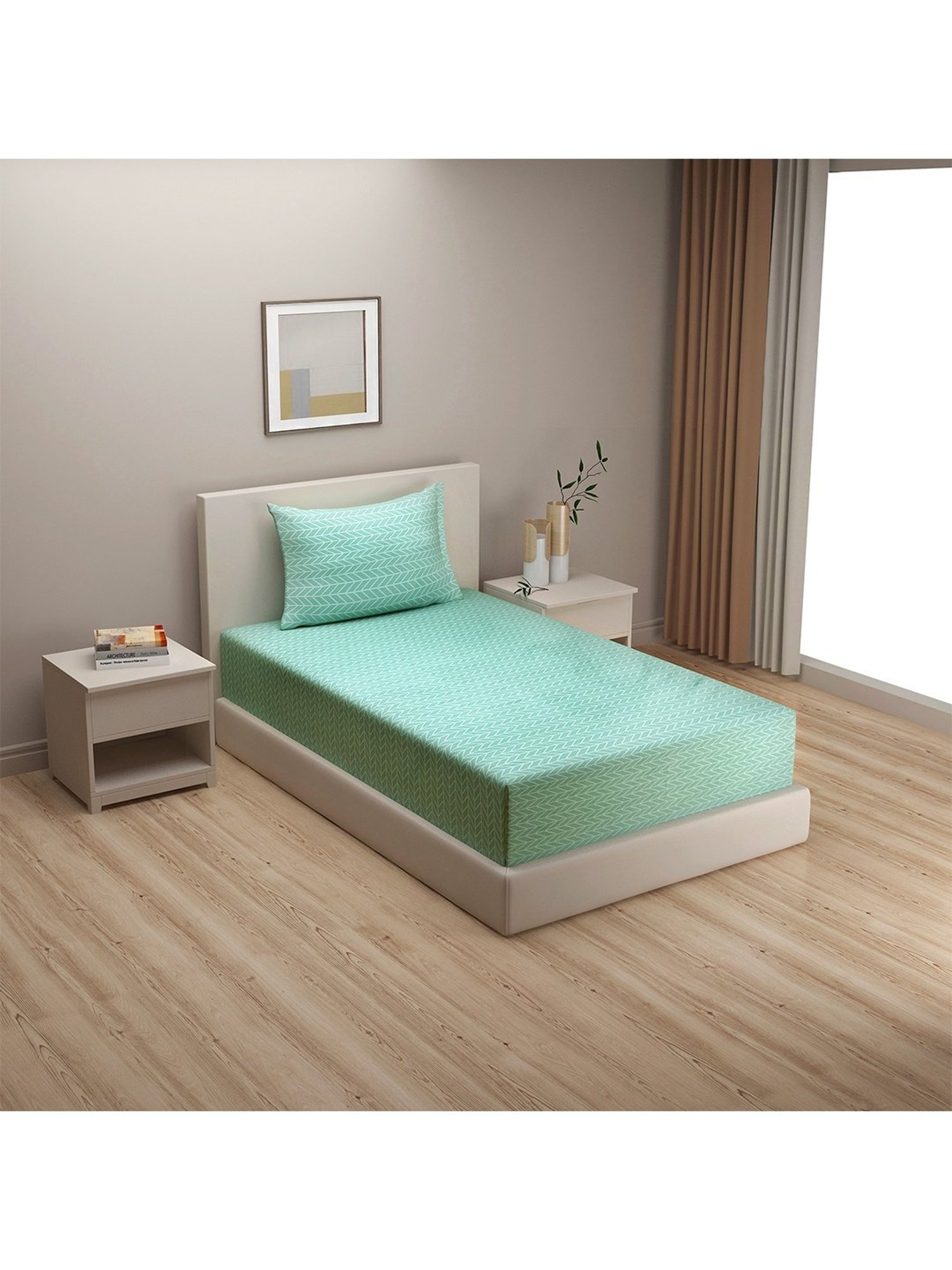 Swayam Pure Magic White & Green Cotton 144 TC Bed Sheet with 2 Pillow Covers