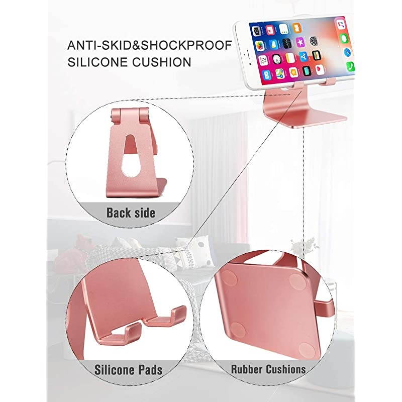 Adjustable Cell Phone Stand,  Phone Holder, Tablet Stand Dock, Aluminum Desktop Compatible with iPhone 12 iPad, Samsung Galaxy, Google Pixel All Smart Phone/Tablets Under 10 in-Rose Gold
