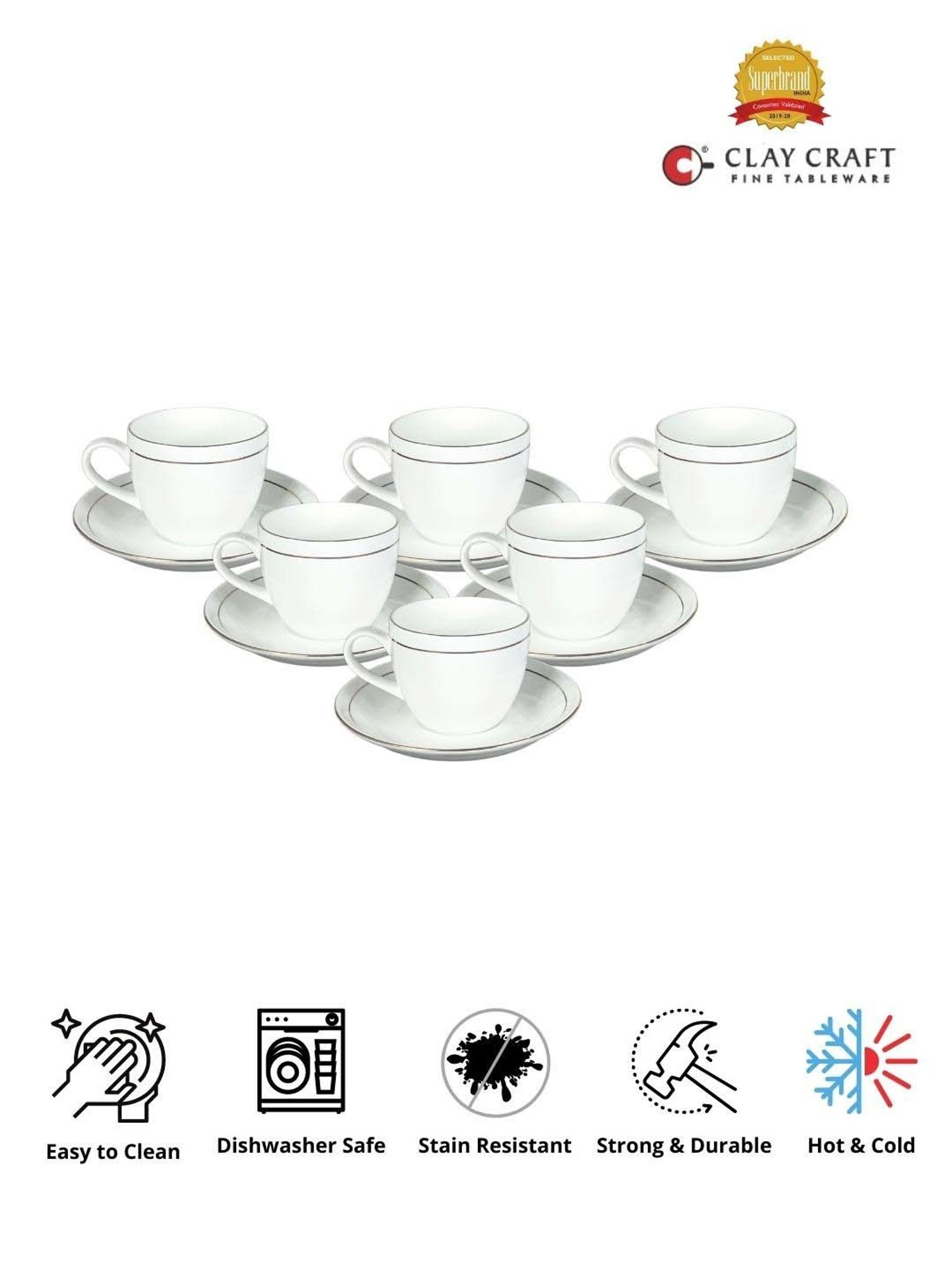 Clay Craft Fine White Ceramic 6 Tea Cups (0.18 L) with 6 Saucers