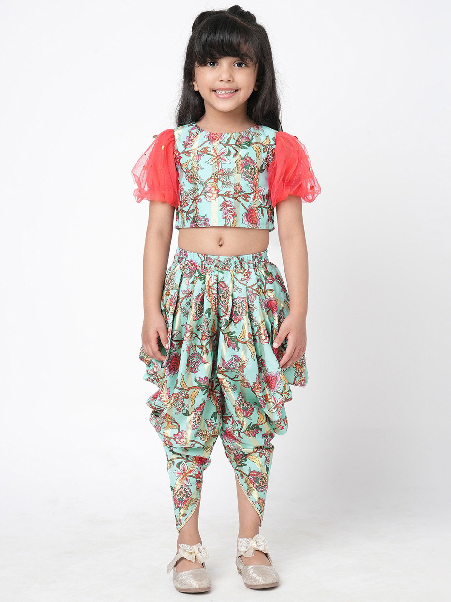 Lil Drama Kids Mint Green Floral Print Crop Top With Dhoti