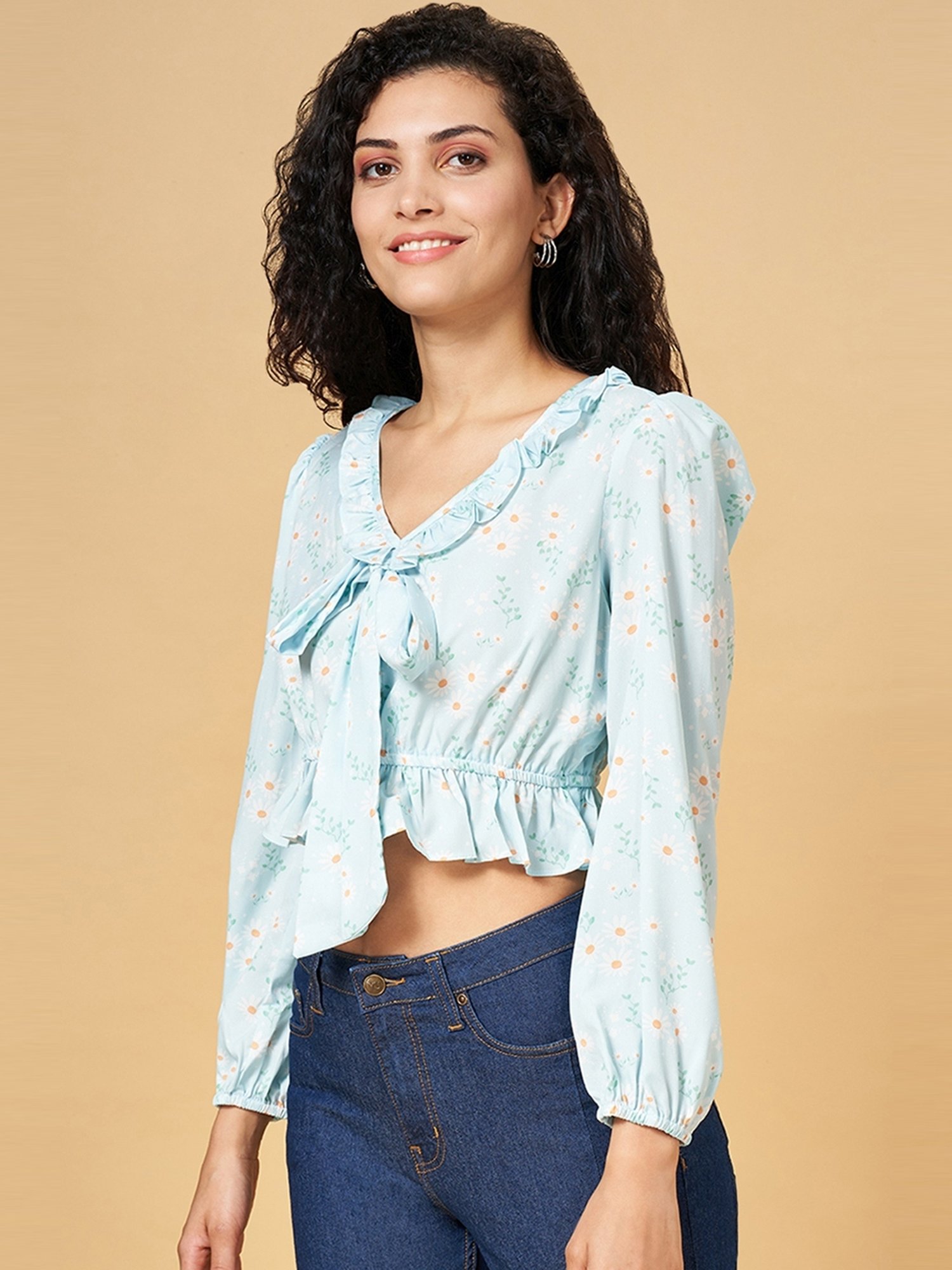 YU by Pantaloons Blue Floral Print Crop Top