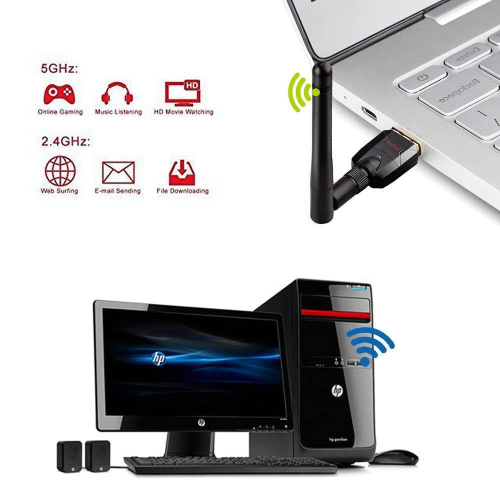 AC600 USB WiFi Adapter, 600Mbps Dual Band (2.4G/150Mbps + 5G/433Mbps) 802.11ac Wireless Network Card Adapter with External Antenna for Windows 10 / 8.1 / 8 / 7 / XP /Vista, MAC OS 10.4-10.13