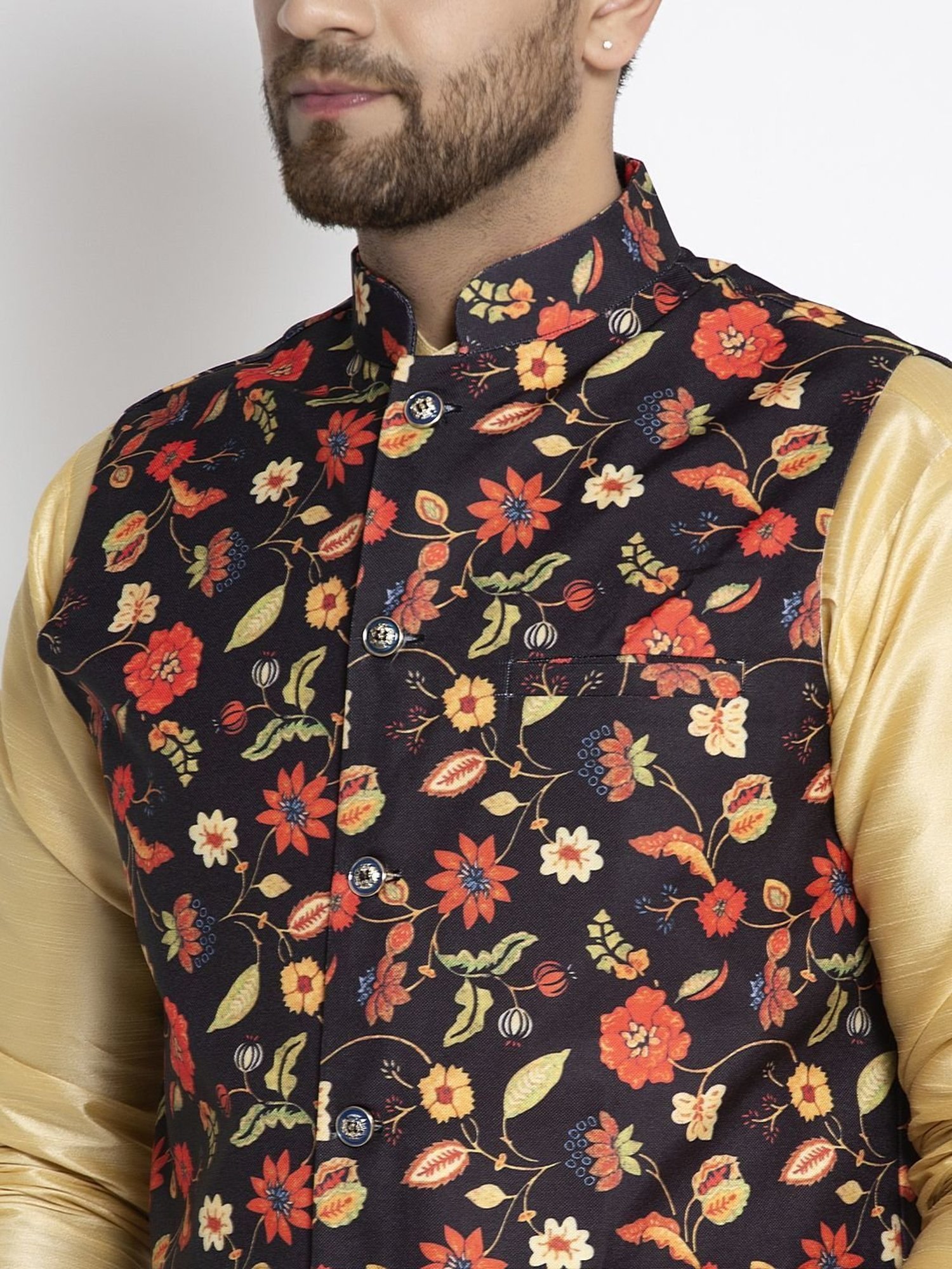 Benstoke Gold & Black Regular Fit Floral Print Kurta Set With Jacket