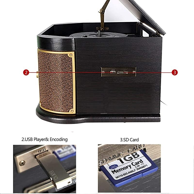 Record Player, Phonographs  3-Speed Vinyl Turntable Built-in 2 x9W Bluetooth Speakers, Headphone Jack/Aux In/RCA/LED/USB/MP3/CD/FM/AM Record Player