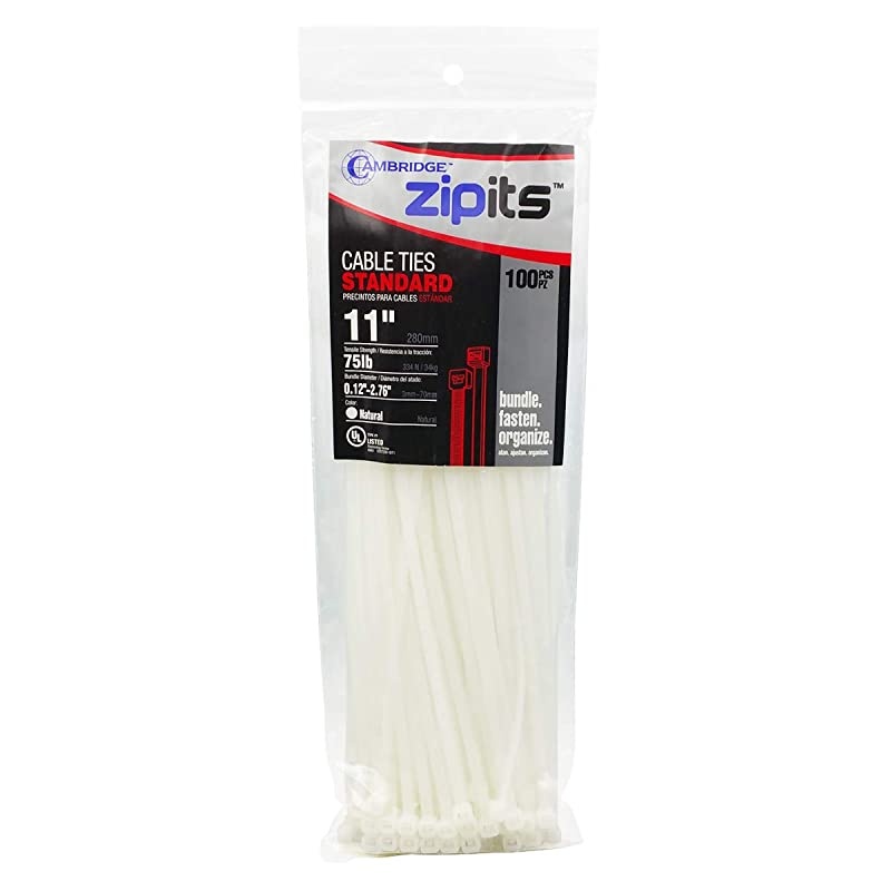 ZipIts Cable Ties 11-in 75 Lb Standard Duty Self Locking Natural Zip Ties, 100 Pack, UL Listed, Contractor Quality and Strength