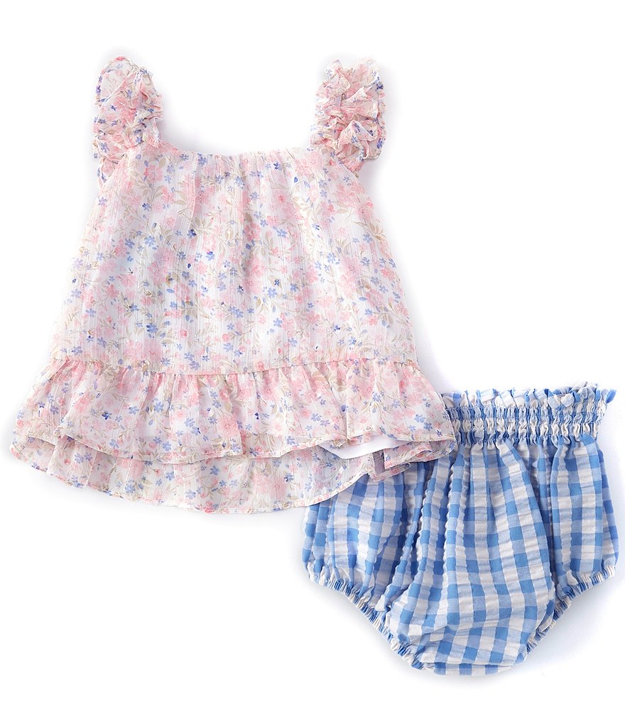 Bonnie Jean Baby Girls Newborn-9 Months Flutter-Sleeve Chiffon Floral Top & Gingham Bloomer Set