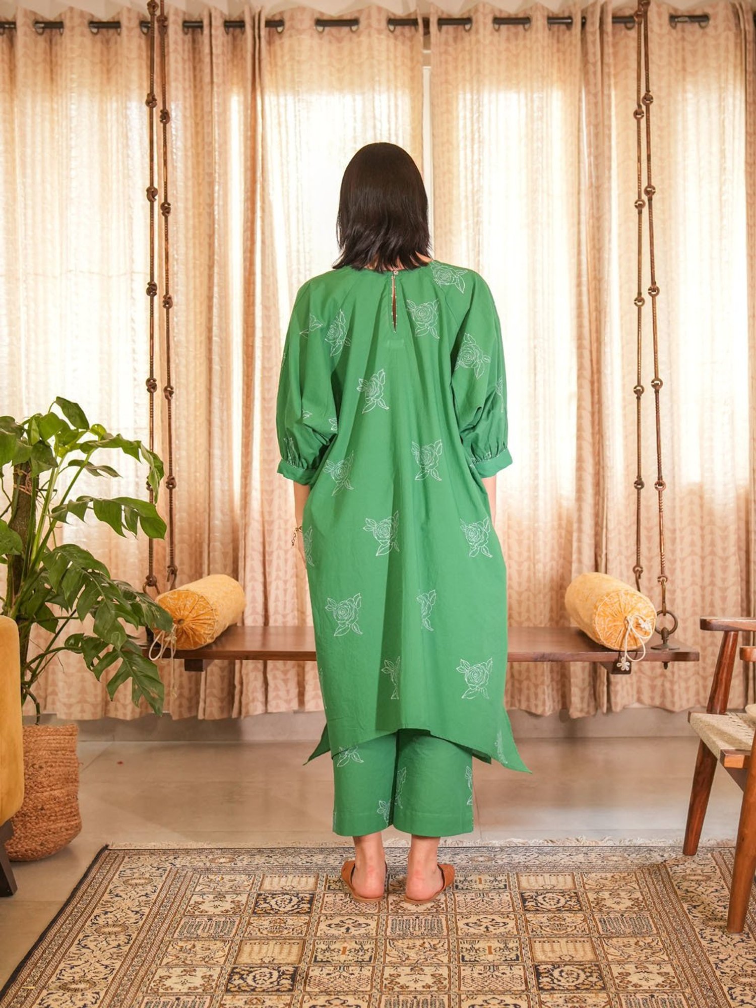 Akiso Emerald Green Hand Block Printed Assymetrical Kaftan