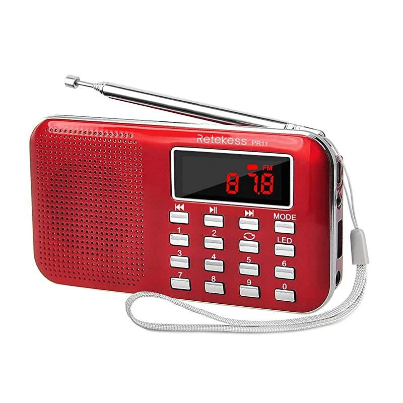 PR11 AM FM Radio Portable, Rechargeable Radio Digital Tuning, MP3 Music Player Speaker Support TF, AUX, USB Port(Red)