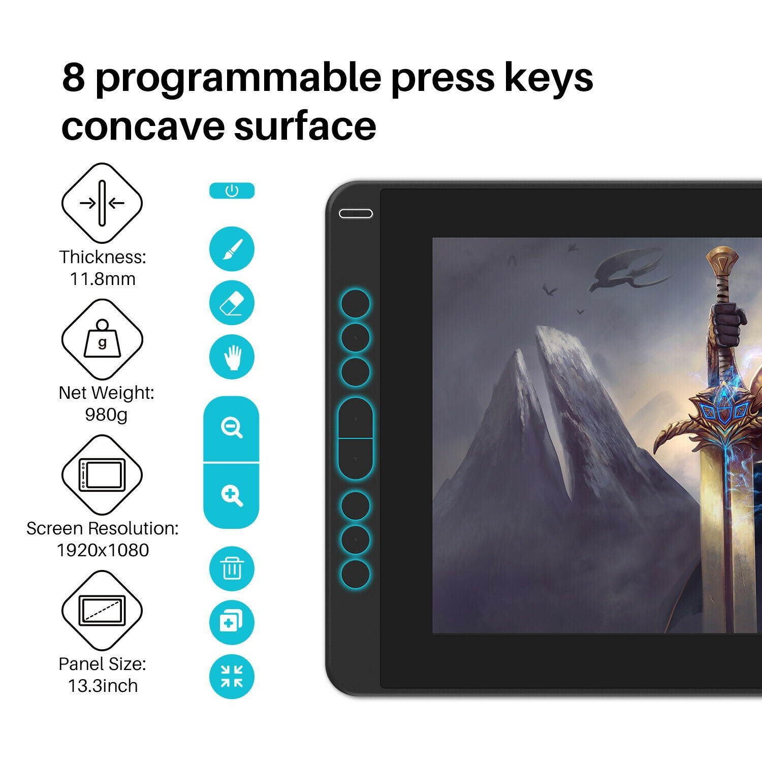 Huion KAMVAS 13 Graphics Drawing Pen Tablet Tilt Support Battery-free Pen 8 Keys