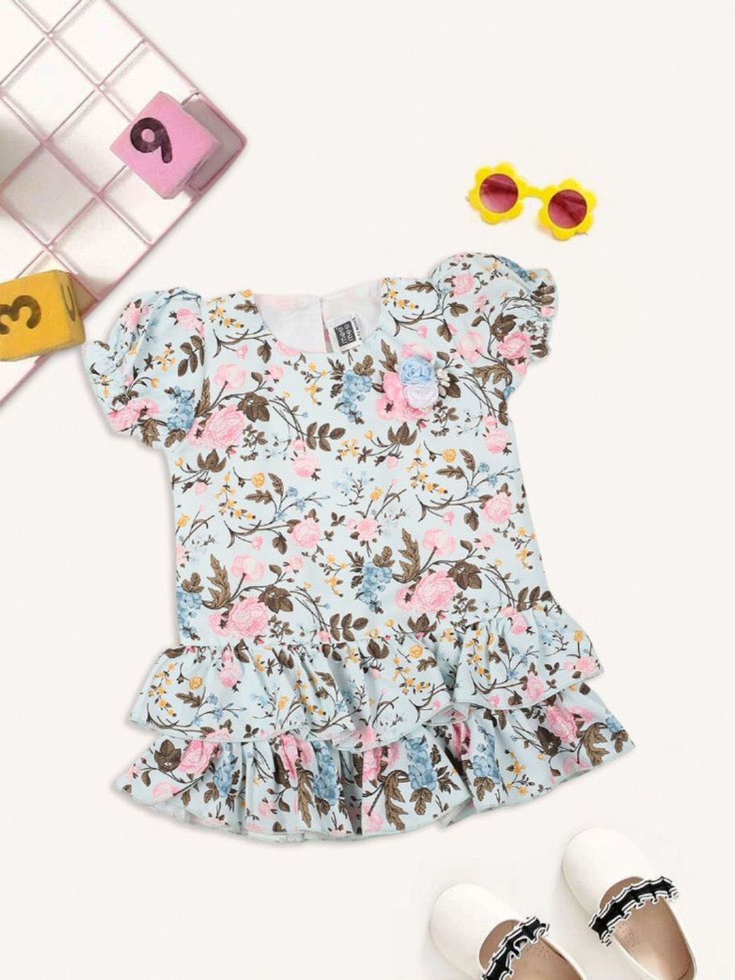 Mee Mee Kids Sky Blue Floral Print Dress