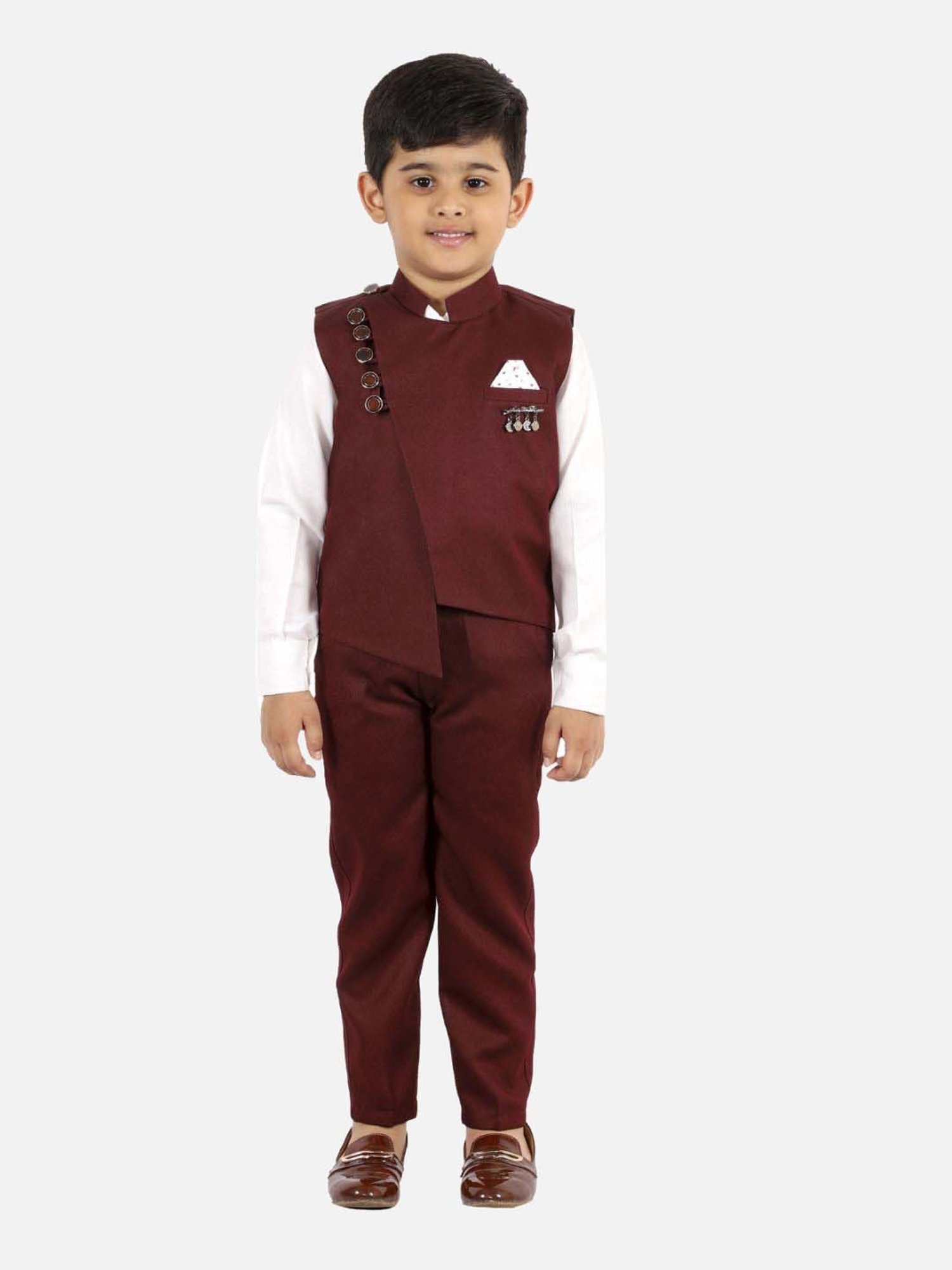 Fourfolds Boys Maroon Solid Full Sleeves Clothing Set