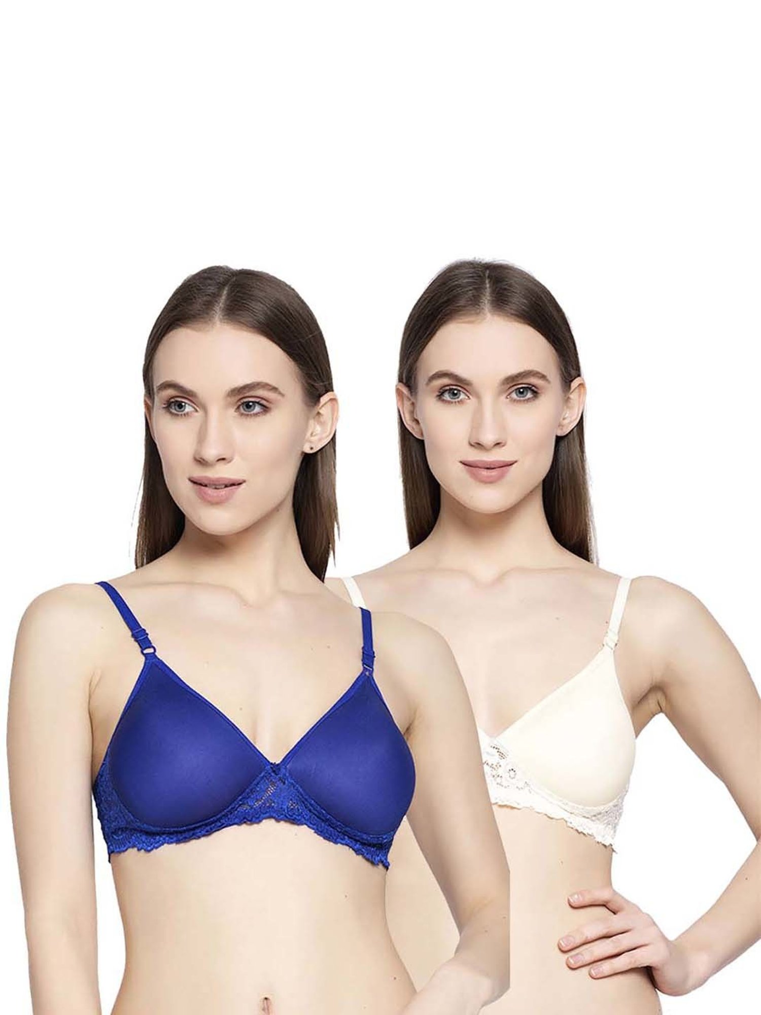 AROUSY Beige & Blue Cotton Lace Work T-Shirt Bras - Pack Of 2