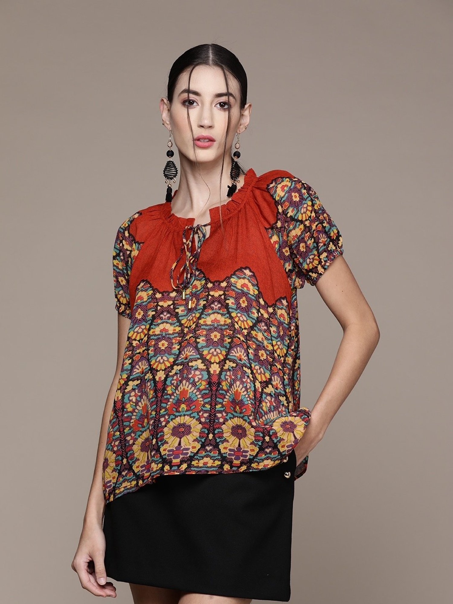 Label Ritu Kumar Rust Cotton Blend Abstract Top