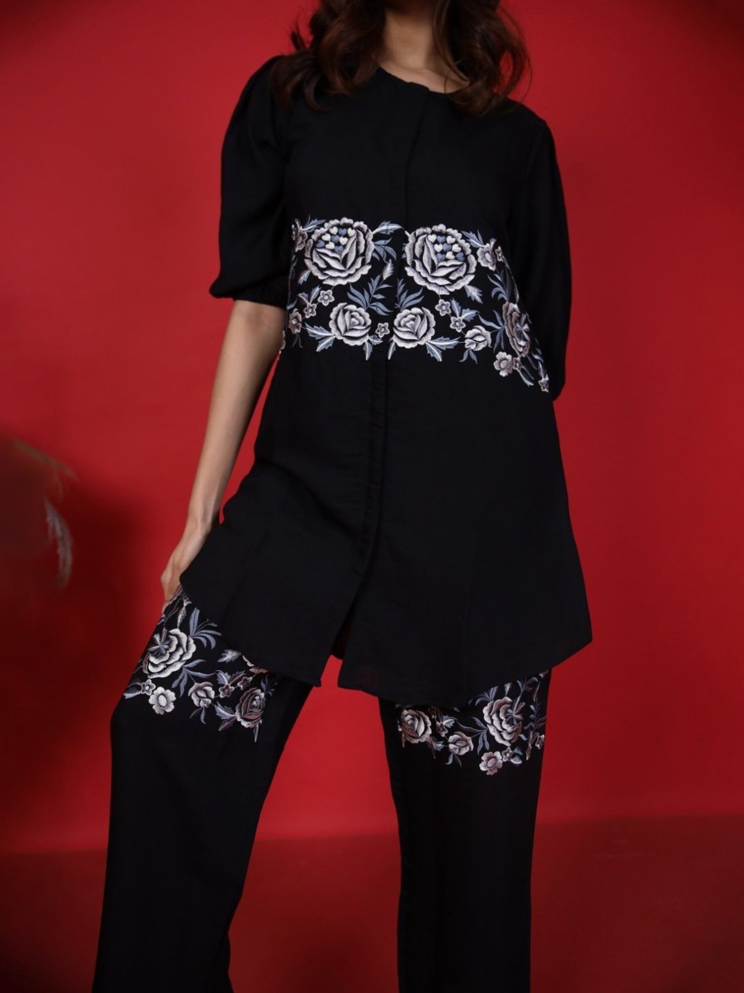 Autumnlane Sophia Black Embroidered Tunic with Pant Co-ord Set Set