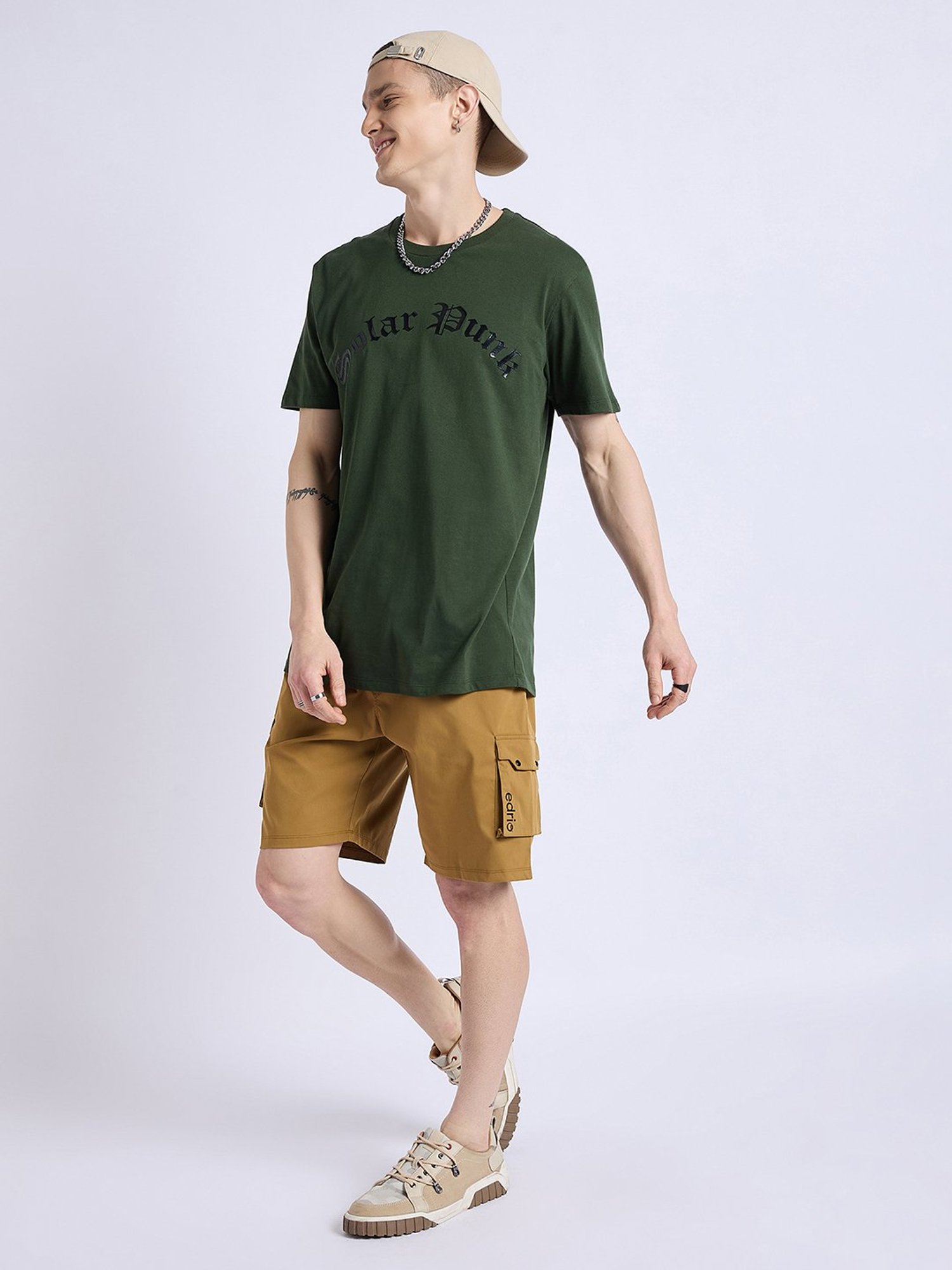 EDRIO Olive Regular Fit Printed Crew T-Shirt