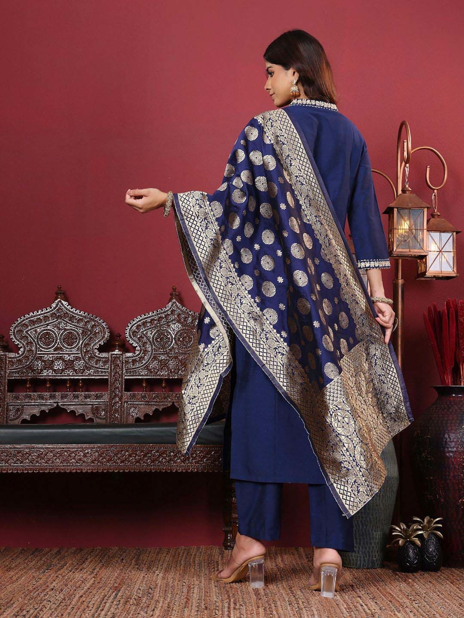 Varanga Blue Embroidered Kurta & Pant Set With Dupatta