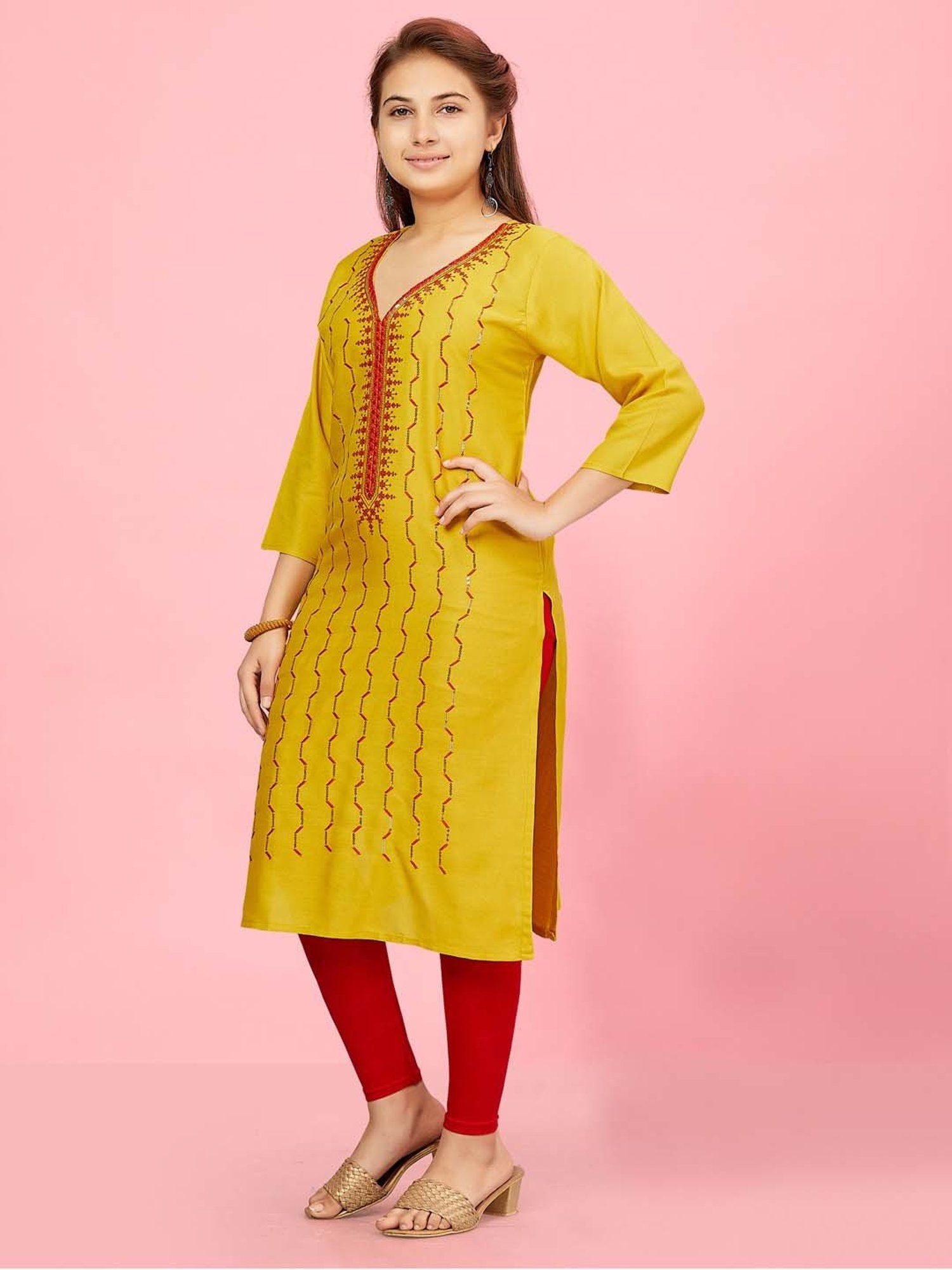 Aarika Kids Yellow Cotton Embroidered Kurti