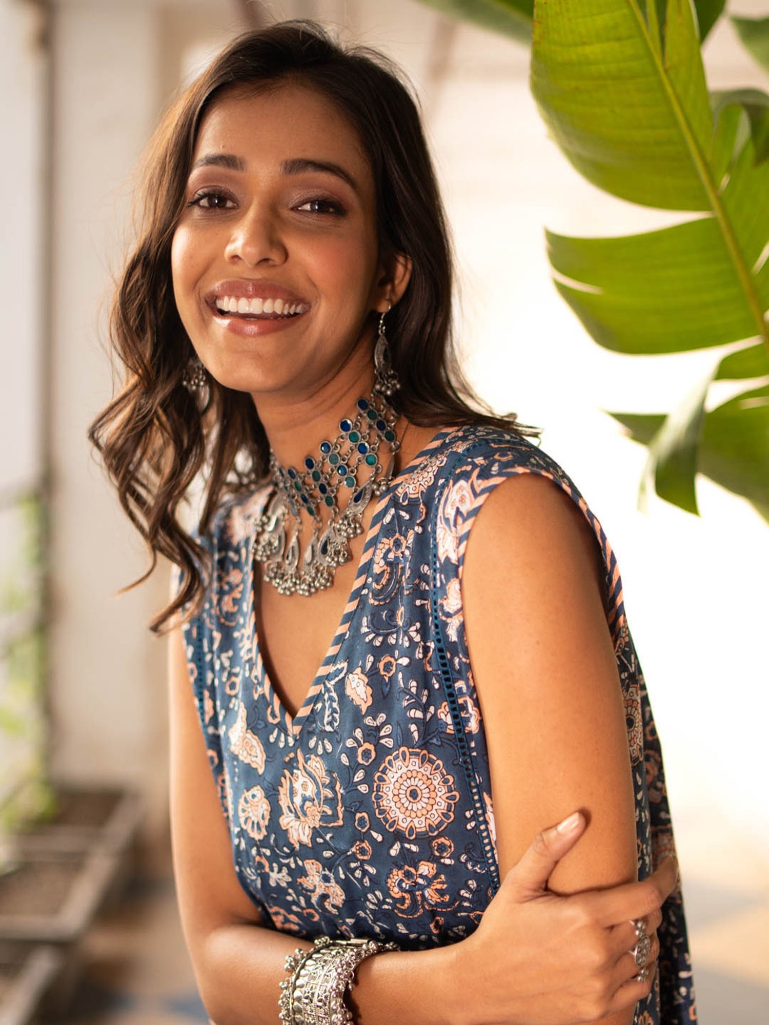 Akiso Blue Block Printed Flared Front Pleated Kurta Set (Set Of 2)