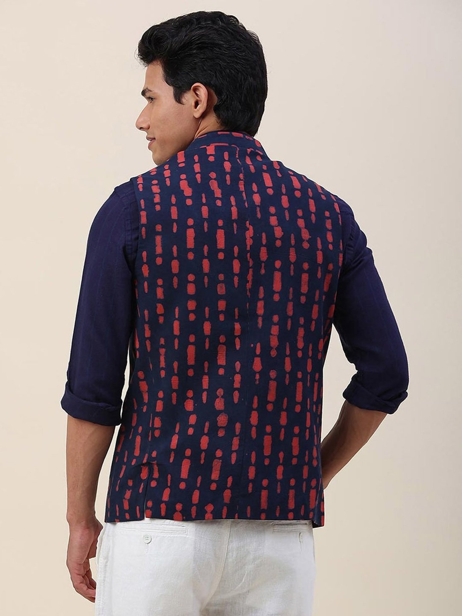 Fabindia Navy & Red Cotton Slim Fit Printed Nehru Jacket