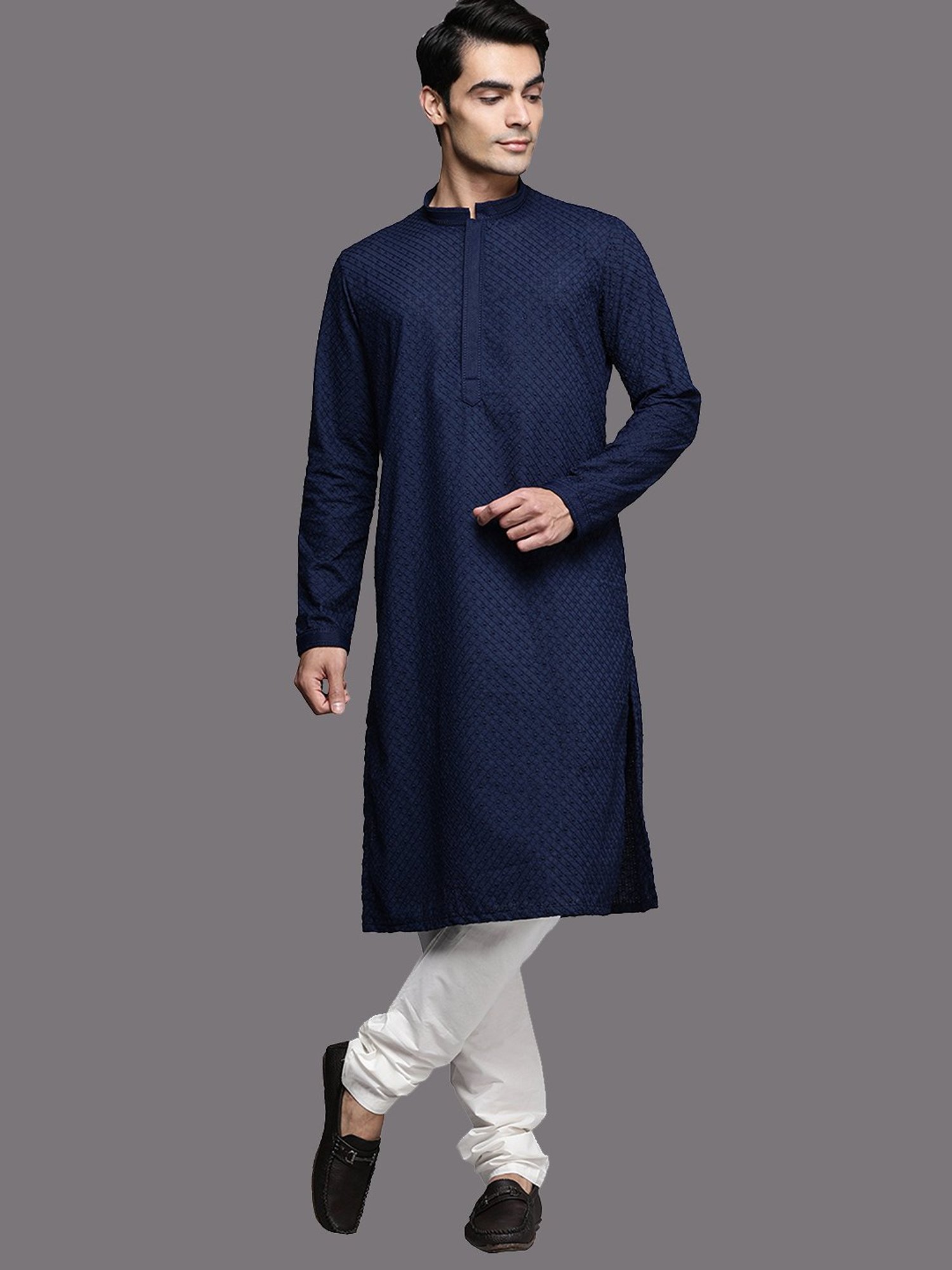 Manyavar Blue & White Regular Fit Self Design Kurta & Pyjamas Set