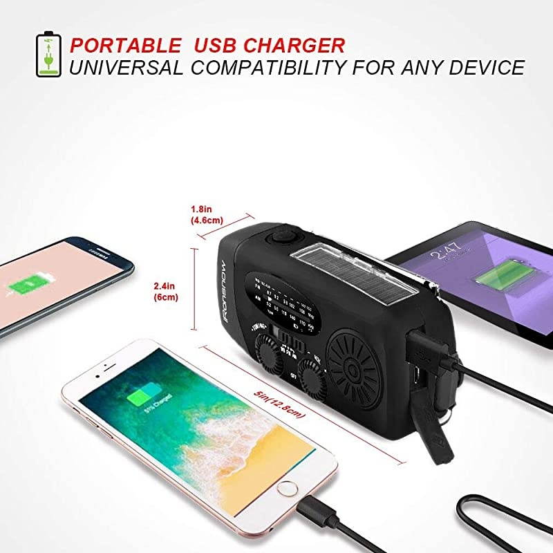 Upgraded 2000mAh?  Solar Emergency NOAA Weather Radio Dynamo Hand Crank Self Powered AM FM WB Radios 3 LED Flashlight 2000mAh with Charging Indicator Smart Phone Charger Power Bank (Black)