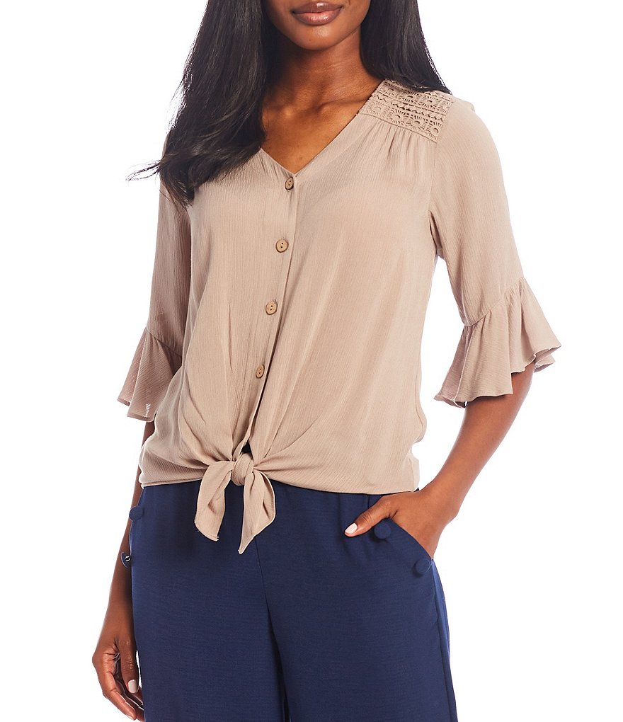 I.N. Studio Solid Crepon V-Neck Button Down Tie Front Top