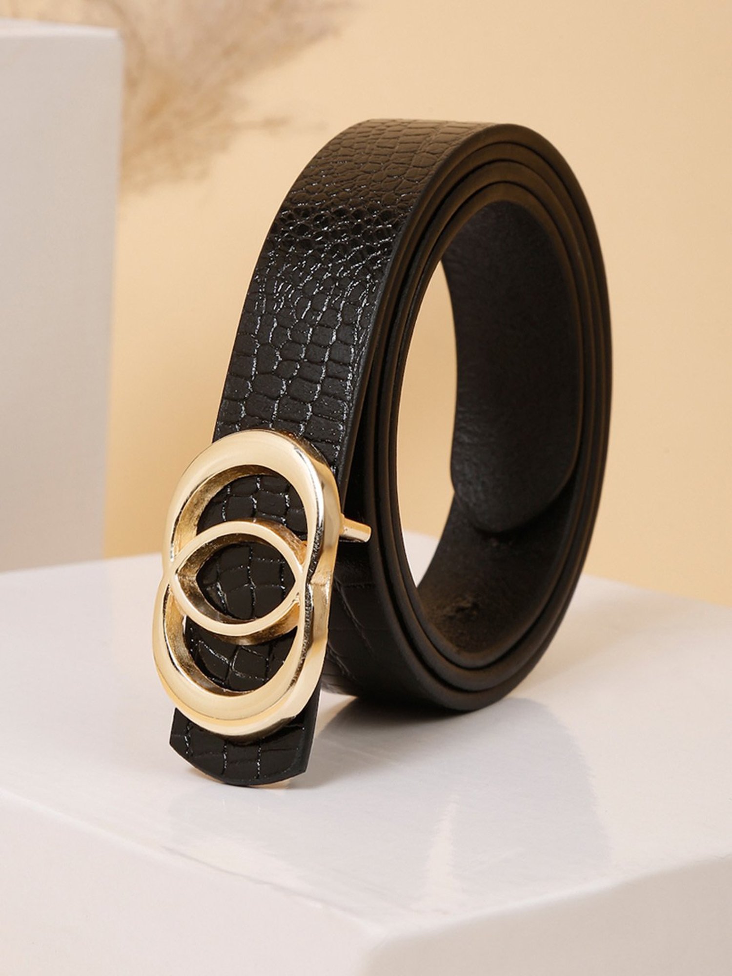 Teakwood Leathers Black Croco Textured Leather Casual Belt for Women