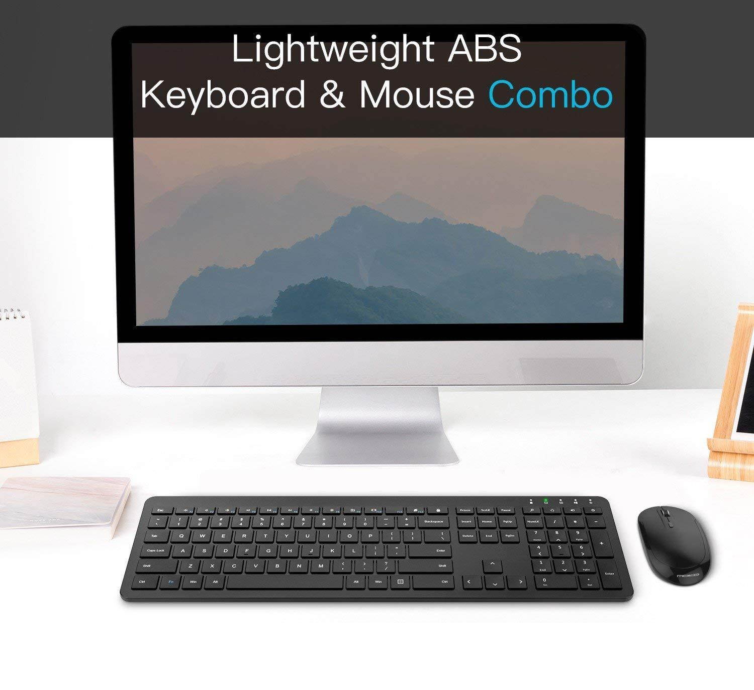 MoKo Slim Keyboard and Mouse Set, Ultra-thin 2.4G Light Full-Size Wireless Keyboard & Mouse Combo with Nano USB Receiver for Android, Windows, Laptop, Desktop, PC, Notebook, Computer - Black