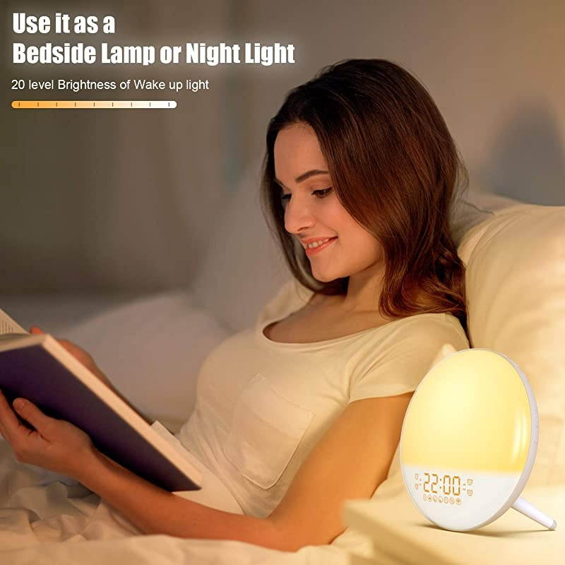Alarm Clock Wake Up Light Smart WiFi Sunset Simulation Digital LED Clock Supports APP Control with FM Radio4 Alarms7 Alarm Sounds Snooze Function20 Brightness7 Colors Bedside Night Light